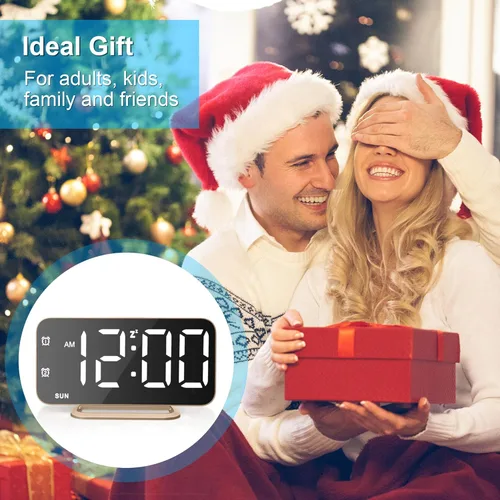 Miniatura 8 de Reloj de alarma digital LED delgado, superficie de espejo para maquillaje, con atenuación, pantalla grande, configuración fácil, puertos USB