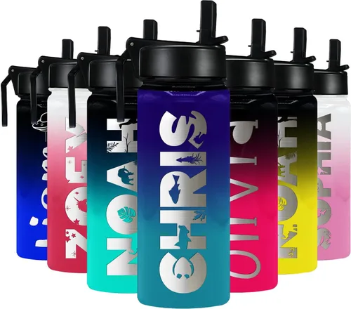 Miniatura 17 de Botella de agua personalizada para niños con tapa de popote en azul aguamarina degradado para la escuela, nombre personalizado para niños, 18 onzas