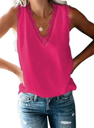 Miniatura 185 de VIISHOW - Camiseta sin mangas, sexy, con cuello en V y bordes de encaje para mujer, camisola de vestir, camisas de gasa, sin mangas, casuales