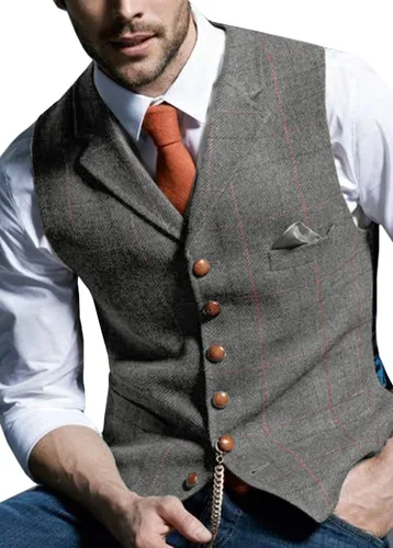 Miniatura 5 de Chalecos formales de tweed para hombre, chaleco a cuadros para boda, vintage, de lana, espiga retro
