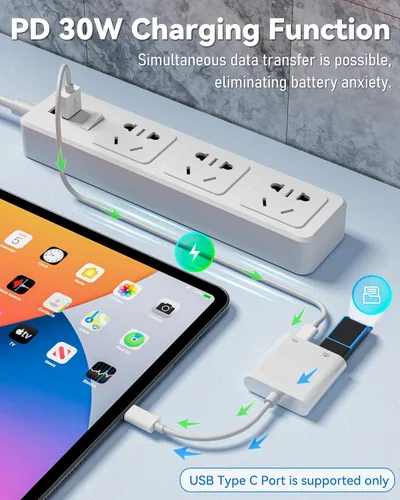 Miniatura 4 de Adaptador de cámara USB C a USB con puerto de carga PD de 30 W, cable OTG compatible con iPhone 17/16/15, iPad, Android, tableta, USB 3.0 hembra