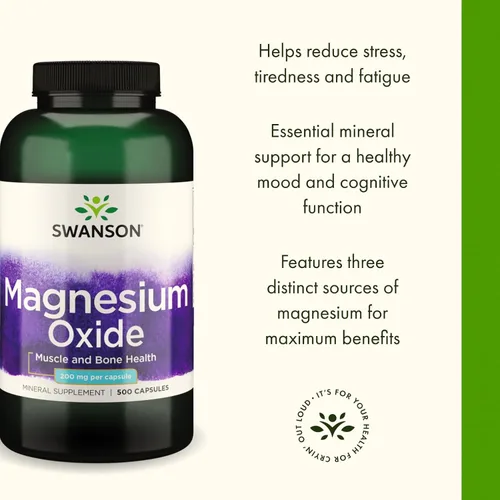 Miniatura 4 de Swanson Apoyo a la salud muscular y ósea de magnesio 200 miligramos (2 cápsulas por 400 mg de óxido de magnesio) 500 cápsulas
