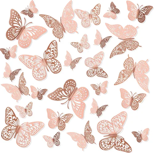Miniatura 7 de Decoraciones de mariposas, decoración de pared de mariposas doradas 3D, decoración de pastel de cumpleaños, 24 piezas, 3 estilos y tamaños, Oro 3