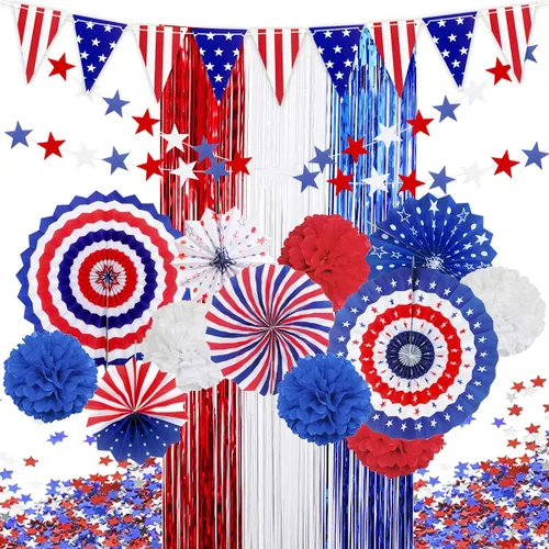 MOVINPE Juego de decoraciones patrióticas para fiestas del 4 de julio, abanicos de papel para colgar con la bandera estadounidense, flores de