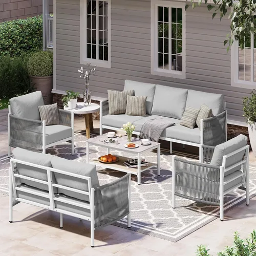 Miniatura 15 de Juego de muebles de aluminio para patio al aire libre con mesa de centro de doble capa, juegos de conversación de patio modernos de 4 piezas
