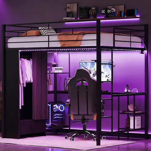 Miniatura 18 de VINGLI Base de cama individual de metal con barandilla de seguridad de 15 pulgadas, escalera antideslizante, 2 estaciones de carga, escritorio