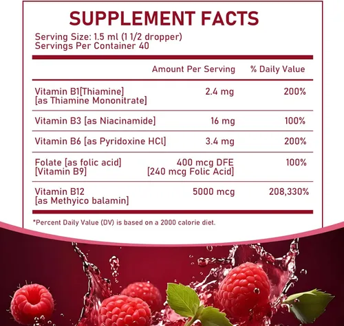 Miniatura 4 de Complejo de vitamina B12 con suplemento líquido de frambuesa B1, B6, vitamina B12, vitamina esencial 5 en 1 complejo de vitamina B, función