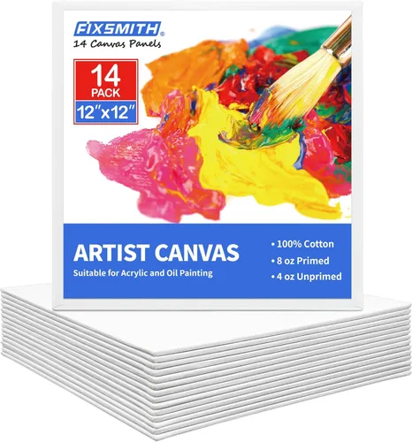 FIXSMITH Lienzo para pintar, paquete de 14 tableros de lienzo de 12 x 12 pulgadas, lienzos imprimados 100% algodón, suministros de arte, tablero de