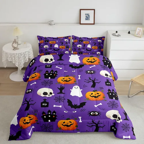 Miniatura 43 de Erosebridal Juego de ropa de cama de murciélago de Halloween, tamaño individual, juego de edredón de estrellas con purpurina y galaxia para niños