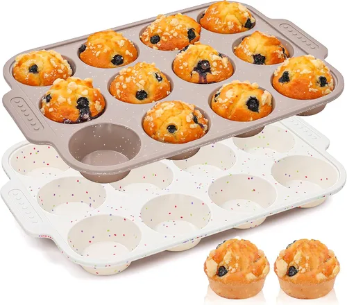 Miniatura 11 de 1 molde de silicona para magdalenas para hornear con marco reforzado de metal, bandeja antiadherente para magdalenas para horno, 12 tazas