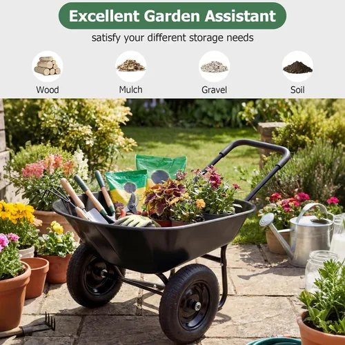 Miniatura 5 de ERGOMASTER Carretilla de doble rueda, carrito de jardín utilitario para el hogar, capacidad de 330 libras, carrito grande y resistente para Negro