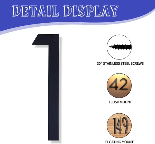 Miniatura 13 de Números de casa negros de metal moderno de 12 pulgadas para exterior, dirección flotante número 7 con kit de clavos para puerta