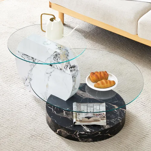 Miniatura 3 de Mesa de café de 35" de vidrio ｜ Mesa de café redonda ｜ Diseño de 3 niveles con superficie de vidrio templado ｜ Base de madera en color negro