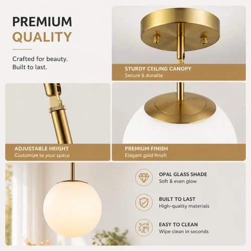 Miniatura 4 de Lámpara colgante moderna de mediados de siglo, globo dorado claro con pantalla de vidrio blanco, acabado de latón cepillado, altura ajustable
