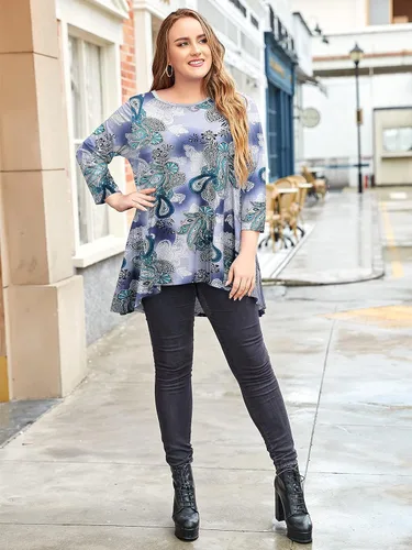 Miniatura 3 de LARACE playera túnica alta y baja para mujer, talla grande, manga 34, ajuste holgado, swing básico
