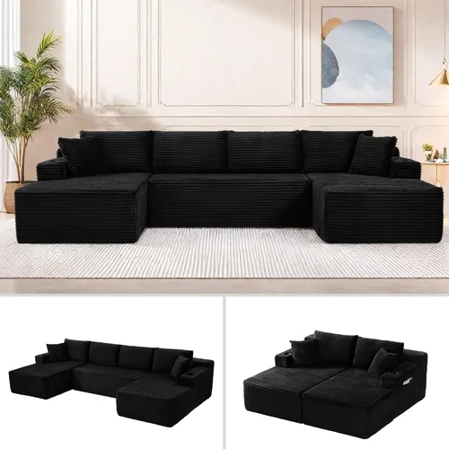 Miniatura 16 de Sofá cama modular en forma de U de 141.73 pulgadas, sofá de pana modular 6 en 1 con sensación suave como una nube, bolsa de almacenamiento