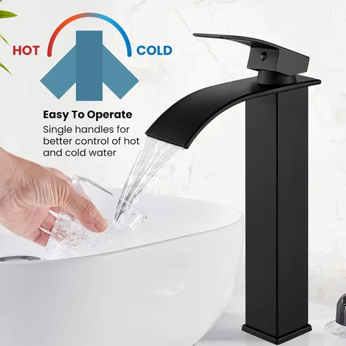 Miniatura 6 de gotonovo Grifo de Baño Alto Tipo Cascada de Una Sola Manija Grifos de Baño para Lavabo de 1 Orificio Grifo de Lavabo Vessel de Acero Inoxidable