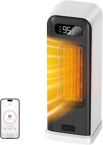 FLANUR Calentador de espacio para dormitorio, calentador eléctrico inteligente con WiFi y control de voz, temporizador de 12 horas, 4 modos, Blanco