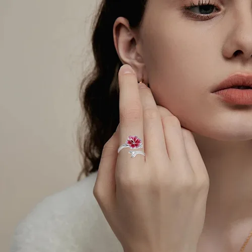 Miniatura 6 de Anillo de hibisco Anillo de flor hawaiana con joyería de hibisco de plata de ley ajustable abierta para mujer, talla 7