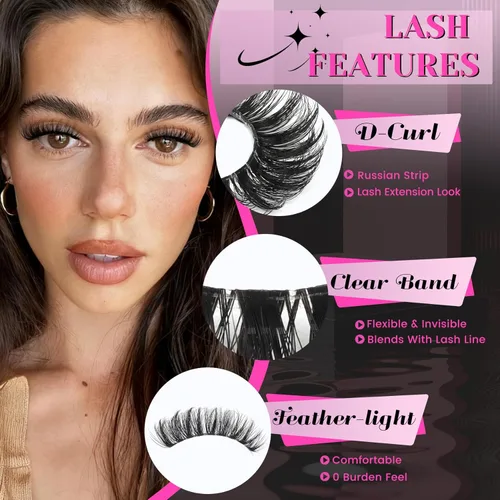 Miniatura 2 de Veleasha Pestañas rusas postizas con banda transparente que parecen extensiones de pestañas, tiras de pestañas con curvatura D, paquete de 10 pares