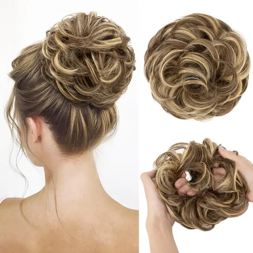Miniatura 42 de CJL HAIR Extensiones de cabello sintético de moño desordenado, ondulado, rizado, grueso, para coleta, para mujer (rubio blanco)