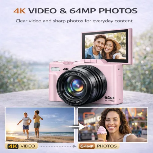 Miniatura 2 de Cámara digital 4K 64MP Vlogger Essentials Kit con trípode flexible, funda de transporte, lente gran angular, pantalla abatible de 180°, WiFi, zoom