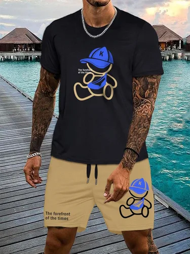 Miniatura 3 de COZYEASE Conjunto de 2 piezas para hombre, camiseta gráfica de manga corta, pantalones cortos con cordón y pantalones cortos de verano para la playa