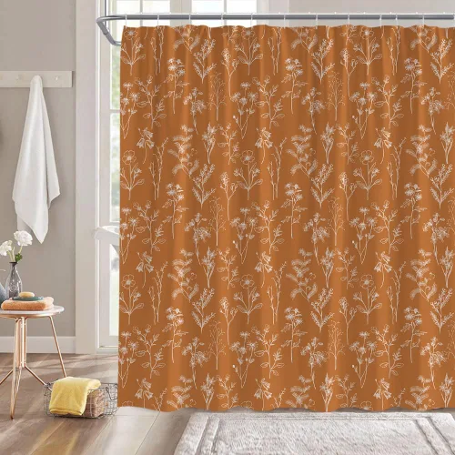 Cortina de ducha botánica vintage naranja bohemio floral hierbas retro hojas y flores rústica casa de campo linda planta moderna decoración de baño