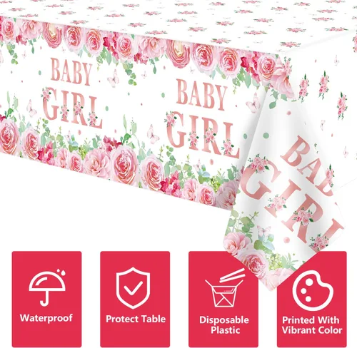 Miniatura 7 de Paquete de 4 manteles de baby shower, decoraciones de fiesta para niñas, suministros de fiesta de revelación de género, 86 x 51 pulgadas, mantel
