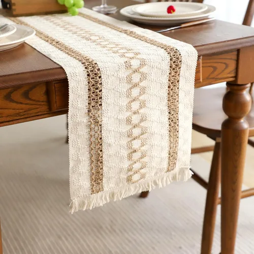 Miniatura 13 de Simple&Opulence - Camino de mesa de macramé estilo bohemio - 12 x 60 pulgadas, camino de mesa de algodón estilo granja con bordes trenzados