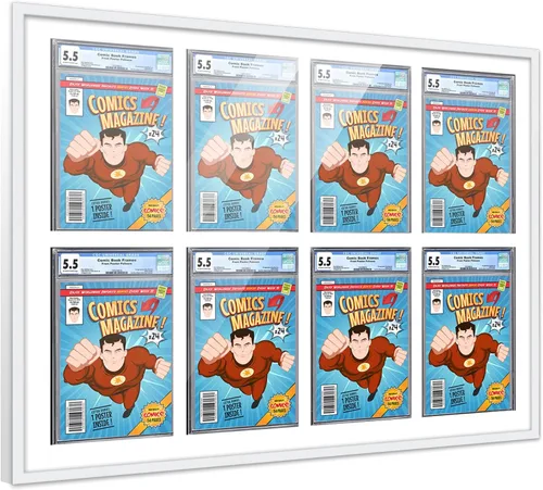 Marco de cómic con paspartú para 8 CGC, CBCS o PGX Graded Comics - Marco de cómic blanco para cómics de 8.125 x 13 pulgadas Marco blanco con
