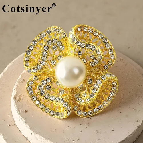 Miniatura 5 de Gold-Tone Flower brooch pins for women - Zinc Alloy with Rhinestones & Imitation Pearls, Ideal for Shawls, Sweaters, Crafts