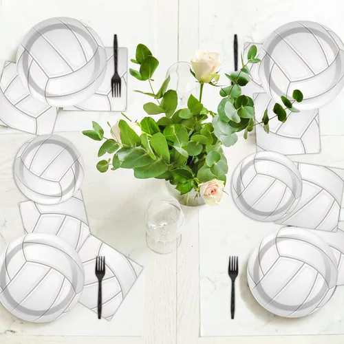 Miniatura 7 de 96 piezas de voleibol suministros de fiesta de cumpleaños platos de papel deportivo, servilletas juego de vajilla desechable, kit de vajilla