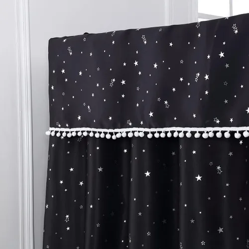 Miniatura 3 de Obokidly Elegante cortina opaca de estrella negra con borde de bola blanca de 4 postes en las esquinas, decoración de dormitorio para adultos