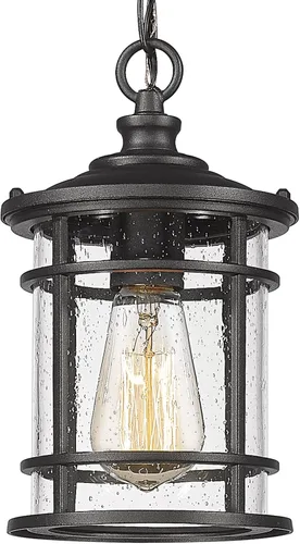Emliviar Lámpara colgante moderna para exteriores - Luz colgante para porche con pantalla de vidrio semillado en acabado negro, XE229H-S BK
