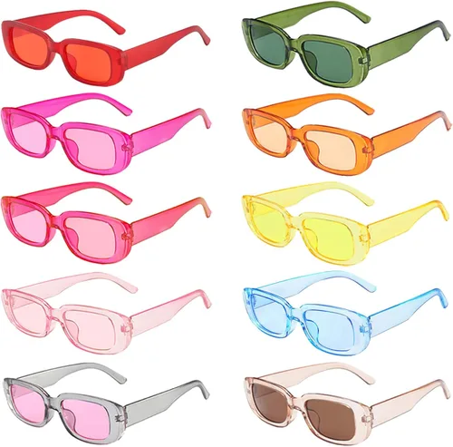 SUNOVELTIES Paquete de 10 lentes de sol rectangulares para mujer, lentes cuadrados angostos retro de los años 90, estéticos vintage, Uniex para