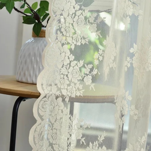 Kotile - Cortinas transparentes beige de 63 pulgadas de largo para dormitorio, 2 paneles de cortinas de encaje con patrón floral rústico en color