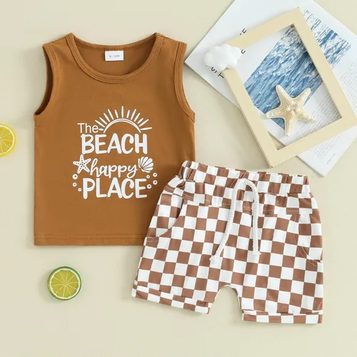 Miniatura 88 de Ropa de bebé niño sin mangas + pantalones cortos con estampado a rayas con bolsillos, 2 piezas de trajes de verano