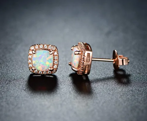 Miniatura 5 de Barzel Aretes de Tuerca de Ópalo Blanco Creado Chapados en Oro Blanco para Mujeres - Fabricado en Brasil