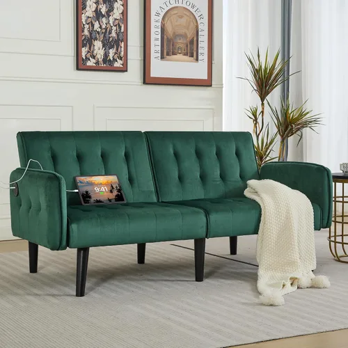 Miniatura 2 de TYBOATLE Sofá Cama Futón Plegable Convertible Moderno de Terciopelo de 65" de Ancho con 2 Puertos de Carga USB y Brazos, Sofá de Dos Plazas