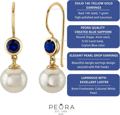 Miniatura 5 de Peora Aretes colgantes de oro amarillo de 14 quilates, perlas blancas cultivadas en agua dulce de 0.315 in y zafiro azul creado para mujer, piedra