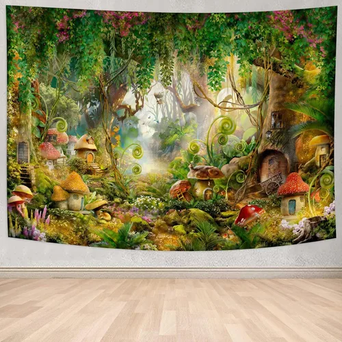 Miniatura 3 de Tapiz de bosque de fantasía, 78.7 pulgadas de ancho x 59 pulgadas de largo (78.7 x 59.1 in) de hongo encantado, tapiz mágico de cuento de hadas