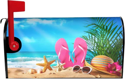 Miniatura 2 de Chanclas con diseño de conchas de estrella de mar y gafas de sol en la playa, cubierta magnética de buzón de verano, decoración de buzón de 25.5 x