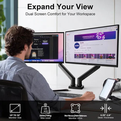 Miniatura 2 de NearHub - Soporte de escritorio para doble monitor para pantalla de computadora de 13-32" y hasta 10 kg, rotación de 360°, inclinación de +90° a