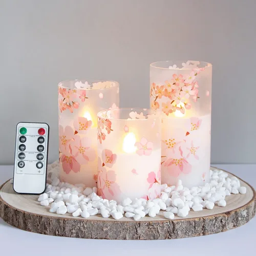 Miniatura 7 de Velas de cristal sin llama parpadeantes con control remoto y temporizador, flores púrpuras LED operadas por batería, cera real, juego de 3 velas