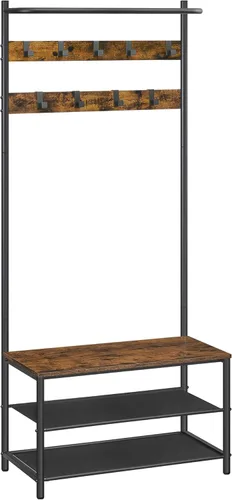 Miniatura 7 de VASAGLE Perchero de pie con banco y almacenamiento de zapatos, banco de entrada con soporte de perchero y zapatero, 9 ganchos móviles, barra Rustic