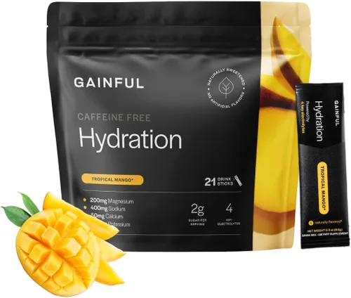 Miniatura 9 de Gainful Paquetes de hidratación + cafeína en polvo con electrolitos clave, magnesio y sodio + L teanina, mezcla de bebida baja en azúcar, mango