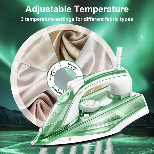 Miniatura 7 de Martisan Steam Iron Lite, 1600 W, calentamiento rápido de 15 segundos, suela adicional para reserva de calor, temperatura ajustable precisa, panel