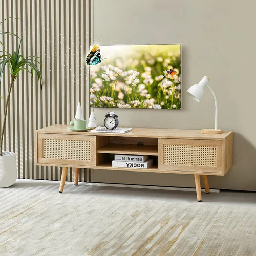 Soporte de TV de ratán natural para TV de 60 pulgadas, centro de entretenimiento bohemio con almacenamiento, soporte de TV moderno de mediados de