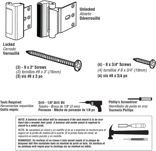 Miniatura 9 de Prime-Line U 11442 Cerradura de refuerzo de puerta – Añade alta seguridad adicional a tu hogar y evita la entrada no autorizada – Tope de 3 Latón